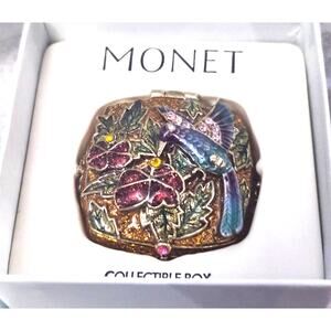 Vtg Monet Hummingbird Floral Enamel Jeweled Hinged Trinket Treasure Pill Box NIB